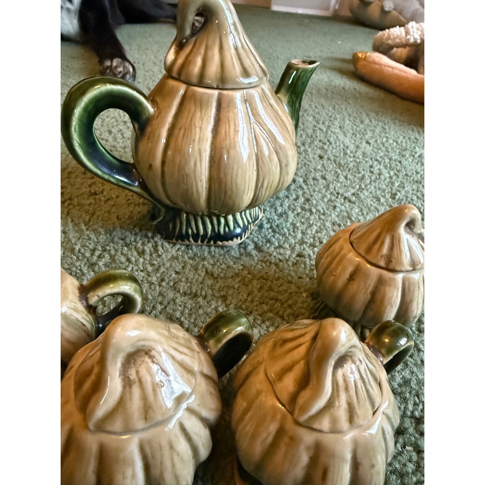 Vintage Pumpkin Gourd Ceramic Tea Set Teapot 4 Lidded Cups Tan Green Autumn - Picture 4 of 5